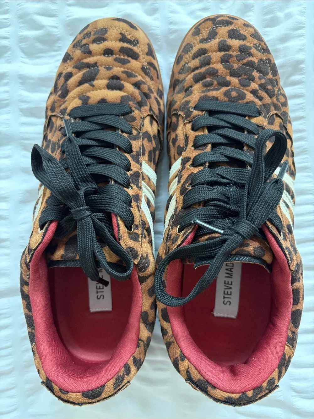 Steve Madden Madrid Leopard-Print Sneakers with Black Laces and Red Lining. GUC!
